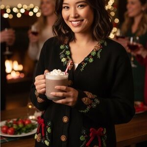 Vintage Festive Black Cardigan with Embroidered Details